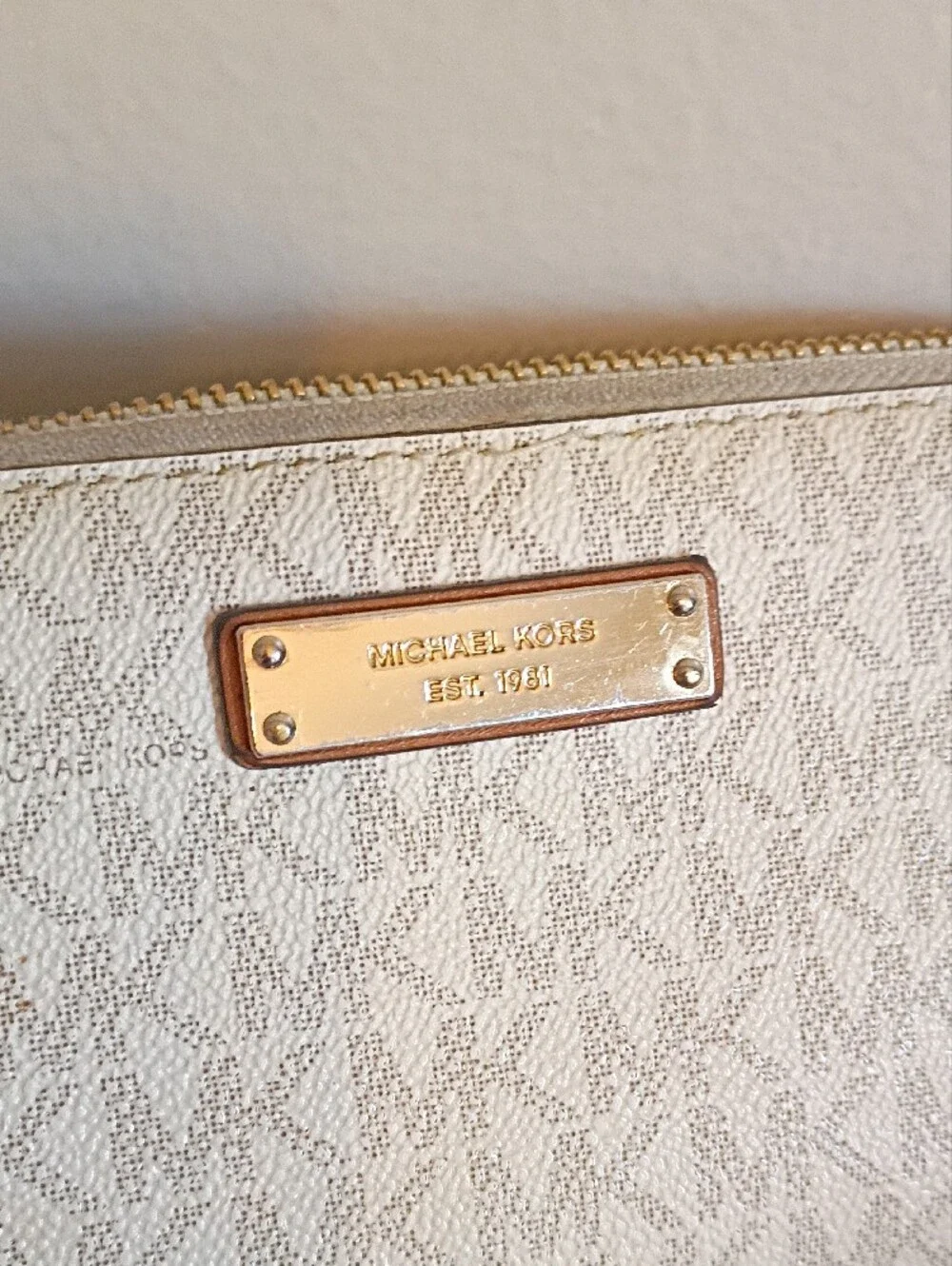 Michael Kors Cream Signature Zip-Around Wallet with Gold Hardware